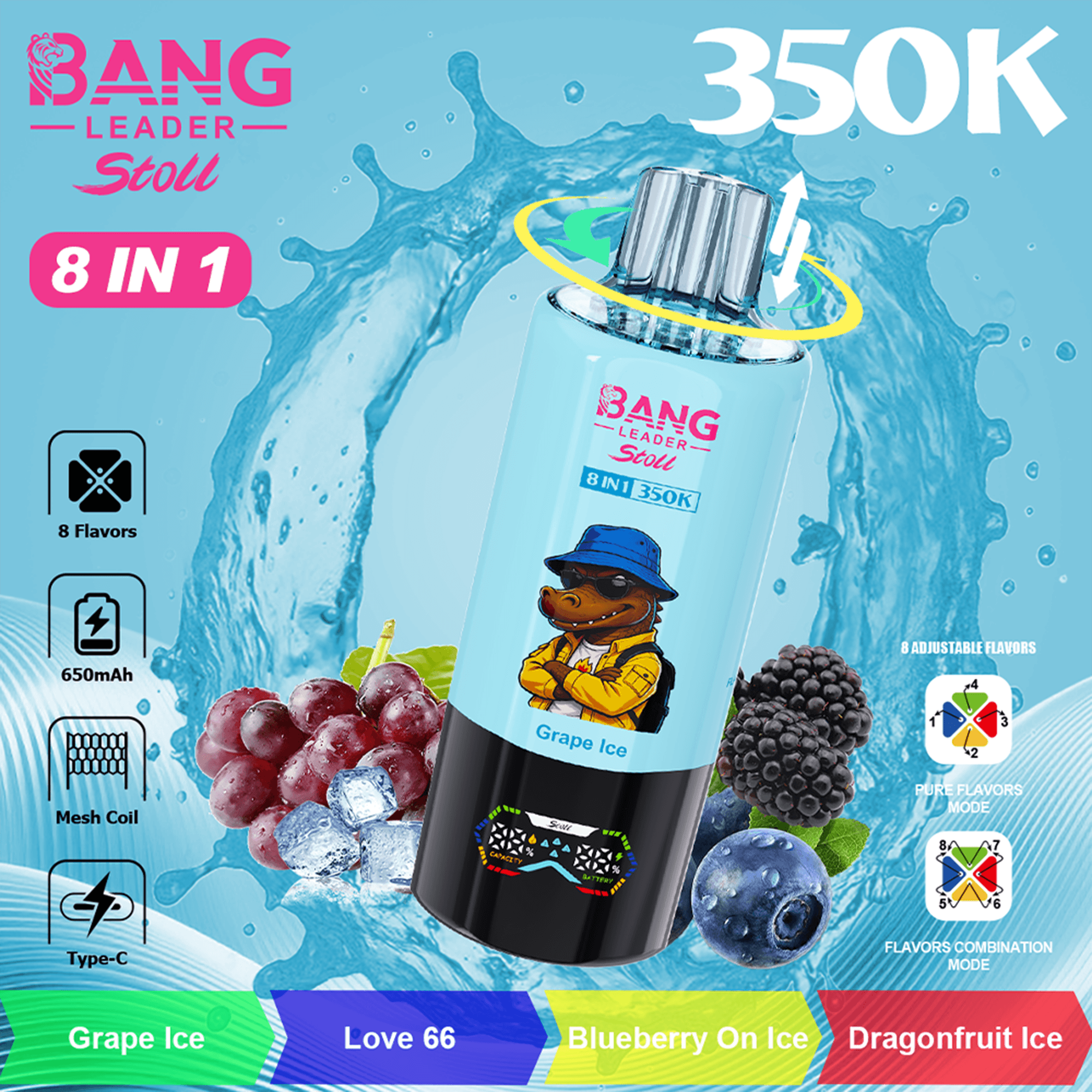 Bang Leader Stoll 350K 4-in-1 Disposable Vape – Twist to 8 Flavors | 350,000 Puffs | Rechargeable Mesh Coil - Image 5