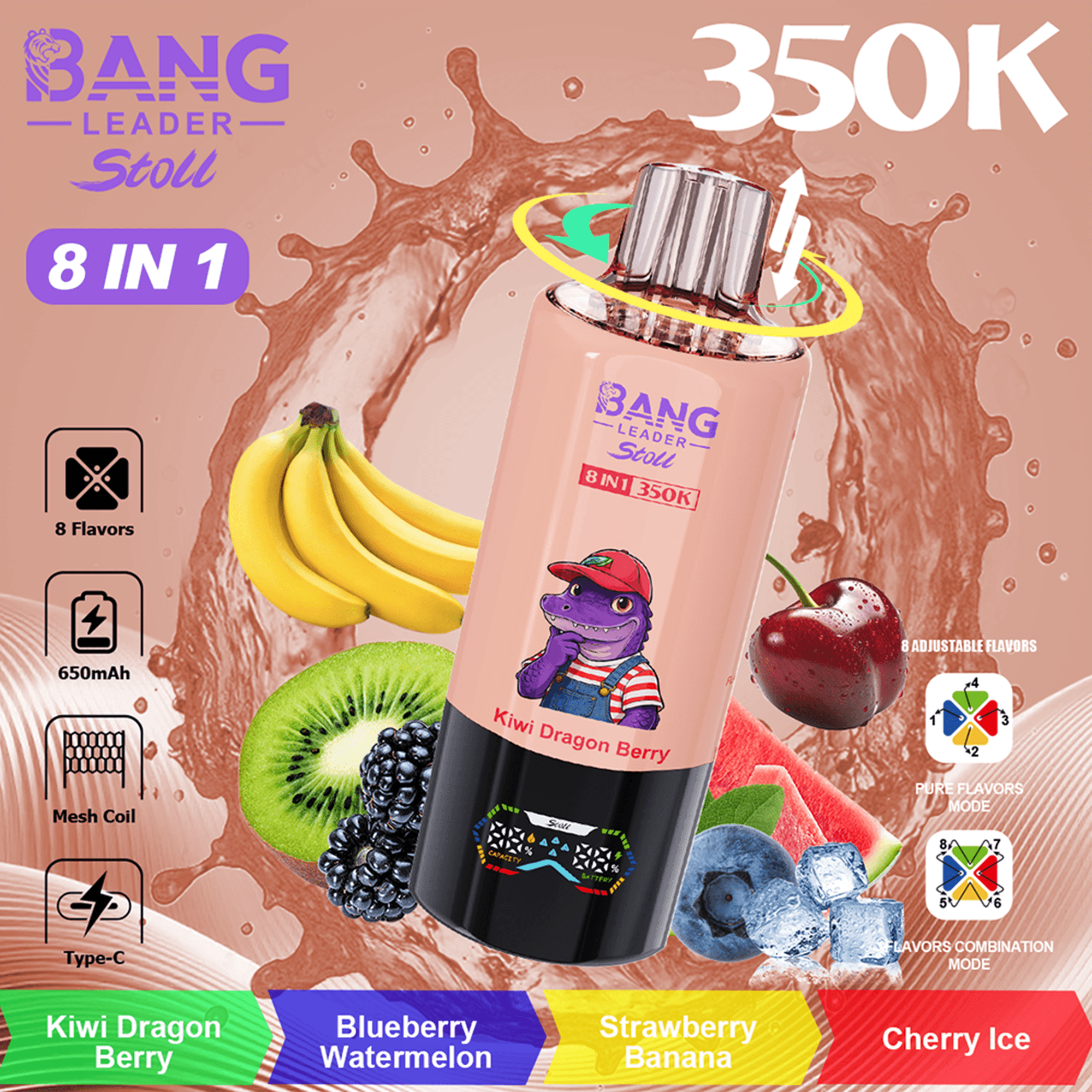 Bang Leader Stoll 350K 4-in-1 Disposable Vape – Twist to 8 Flavors | 350,000 Puffs | Rechargeable Mesh Coil - Image 6