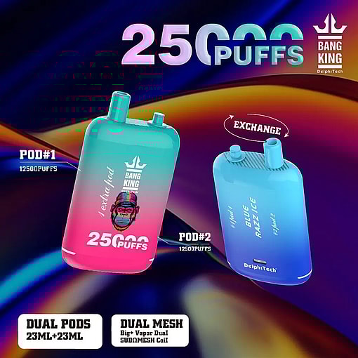 Bang King 25K Einweg-Vape | 25.000 Züge | 12 Geschmacksrichtungen | 23+23 ml E-Liquid | 500 mAh Akku | Typ-C-Ladefunktion