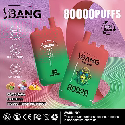 Bang Leader 80K Disposable Vape – 80,000 Puffs | Dual Flavors | Type-C Recharge | Smart Display | Mesh Coil - immagine 7