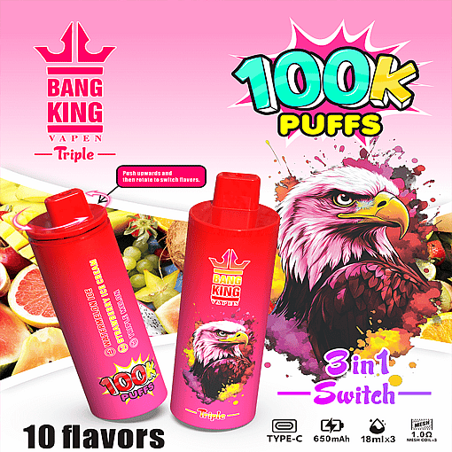 Vape desechable Bang King Triple 100K - 100,000 inhalaciones | Sistema de triple sabor | Máximo rendimiento duradero